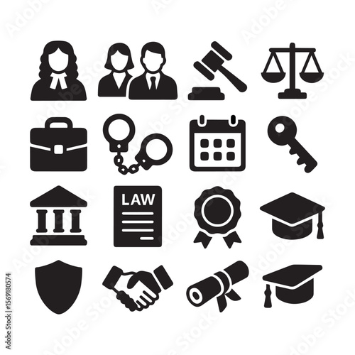 Law and justice icons isolated on white background