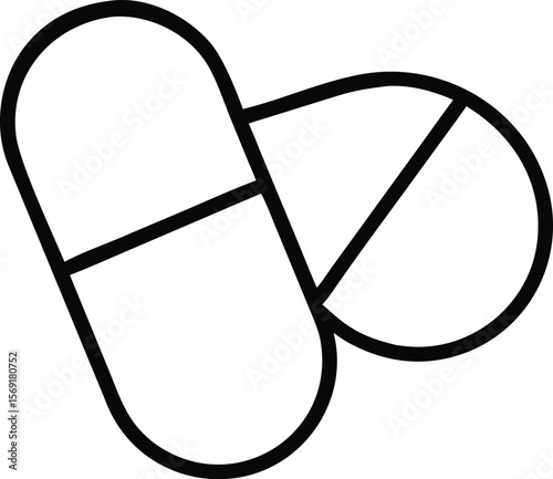 Simple black line art icon of two pills one capsule and one round tablet