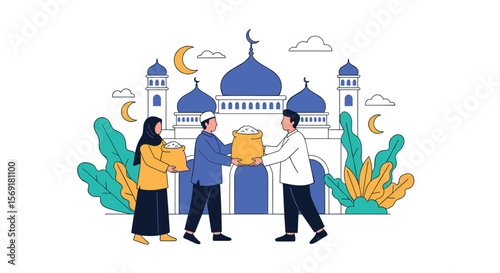 Community members sharing gifts and blessings during a religious celebration in front of a mosque