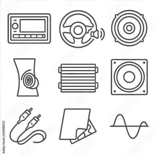 Car Audio Icons. Line style icons of Car Audio System: dash head unit, steering-wheel volume button, door woofer, tweeter pillar,