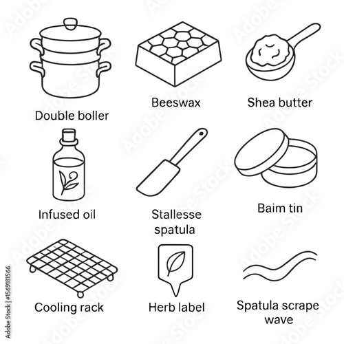 Salve-Making Station Icons. Line style icons of Salve-Making Station: double-boiler pot, beeswax block, shea butter scoop, infused