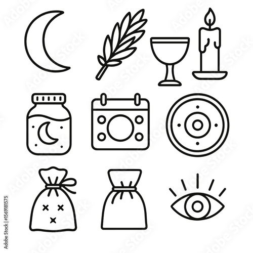 Lunar Ritual Icons. Line style icons of Lunar Herbal Rituals: crescent moon, mugwort smudge, silver chalice, ritual candle, moon