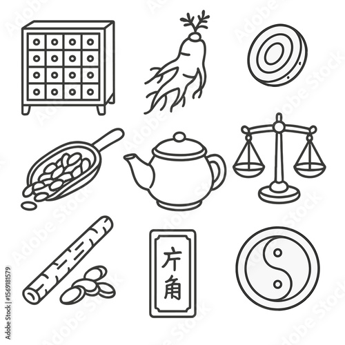 Chinese Herb Line Icons. Line style icons of Chinese Herb Cabinet: apothecary drawer chest, ginseng root, astragalus slice, goji