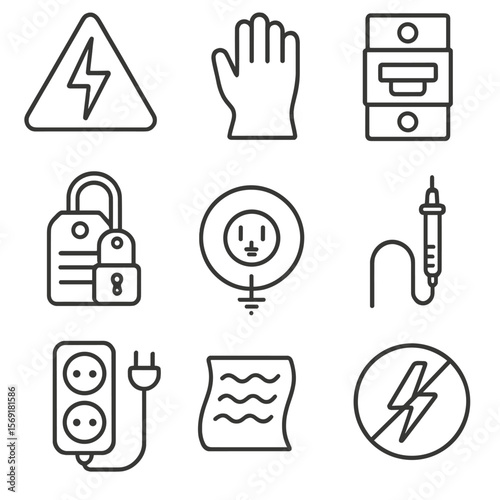 Electrical Safety Icons. Line style icons of Electrical Safety Measures: high-voltage warning, insulated gloves, circuit breaker,