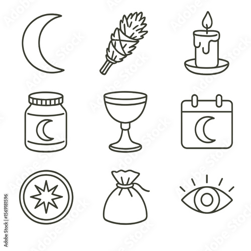Lunar Ritual Icons. Line style icons of Lunar Herbal Rituals: crescent moon, mugwort smudge, silver chalice, ritual candle, moon