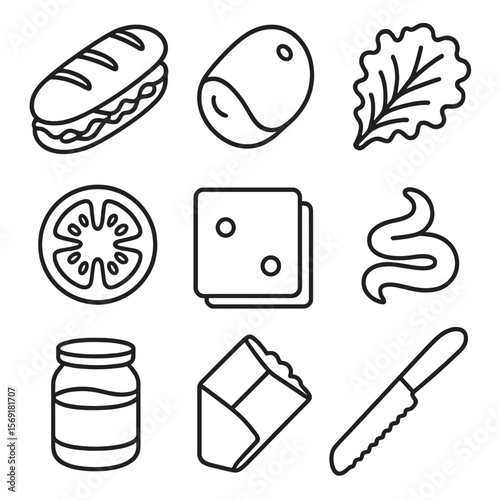 Sandwich Icon Set. Line style icons of Fresh Sandwich Bar: baguette sandwich, turkey slice, lettuce leaf, tomato ring, cheddar