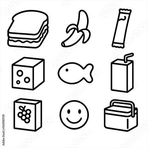 Kid-Friendly Snack Icons. Line style icons of Kid-Friendly Snacks: peanut butter sandwich, banana half, yogurt tube, cheese cube,
