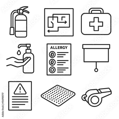 Classroom Safety Icons. Line style icons of Classroom Safety Essentials: fire extinguisher, evacuation plan, first-aid kit, hand