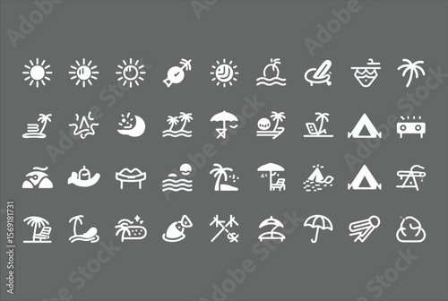 Collection of white line art icons representing summer vacation activities and beach elements on a gray background