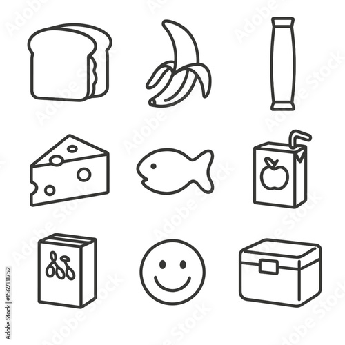 Kid-Friendly Snack Icons. Line style icons of Kid-Friendly Snacks: peanut butter sandwich, banana half, yogurt tube, cheese cube,