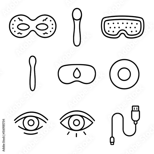 Eye Gadget Icons. Line style icons of Eye-Zone Tech Gadgets: micro-current eye mask, sonic eye pen, LED eye goggles, cooling metal