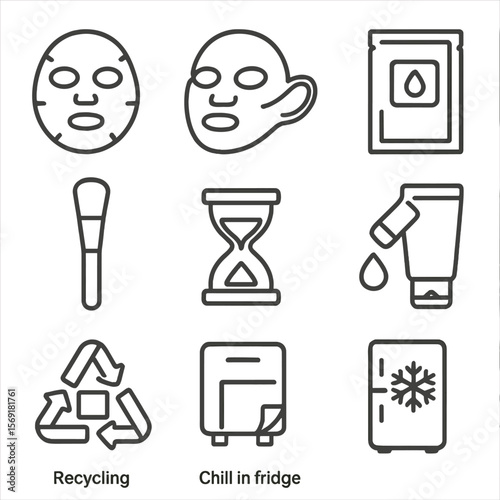 Firming Masks Icon Set. Line style icons of Firming Sheet Masks: bio-cellulose mask, hydrogel lifting mask, fabric ear-loop mask,