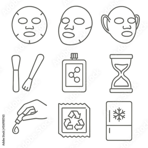 Firming Masks Icon Set. Line style icons of Firming Sheet Masks: bio-cellulose mask, hydrogel lifting mask, fabric ear-loop mask,