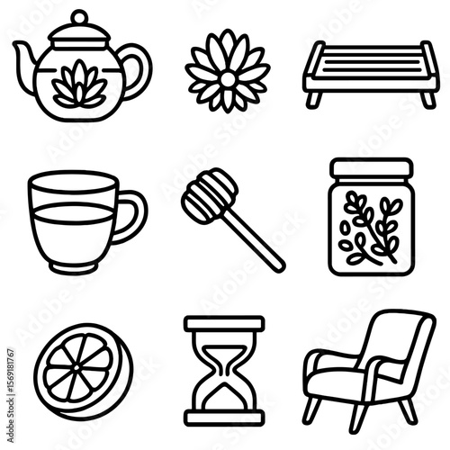 Herbal Tea Icons. Line style icons of Herbal Tea Lounge: glass teapot, blooming tea ball, bamboo tray, ceramic cup, raw honey