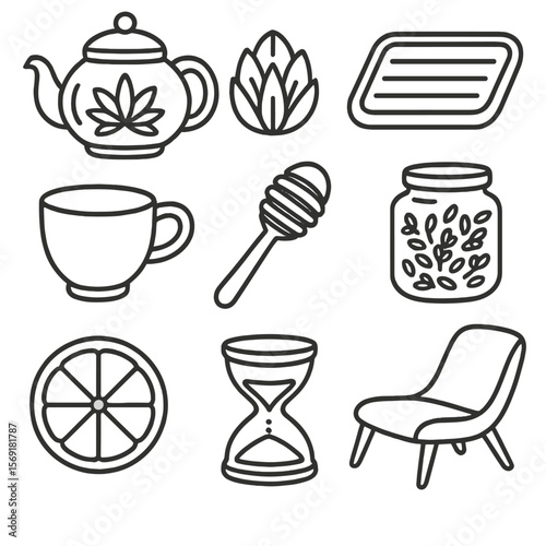 Herbal Tea Icons. Line style icons of Herbal Tea Lounge: glass teapot, blooming tea ball, bamboo tray, ceramic cup, raw honey