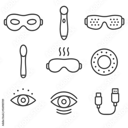 Eye Gadget Icons. Line style icons of Eye-Zone Tech Gadgets: micro-current eye mask, sonic eye pen, LED eye goggles, cooling metal