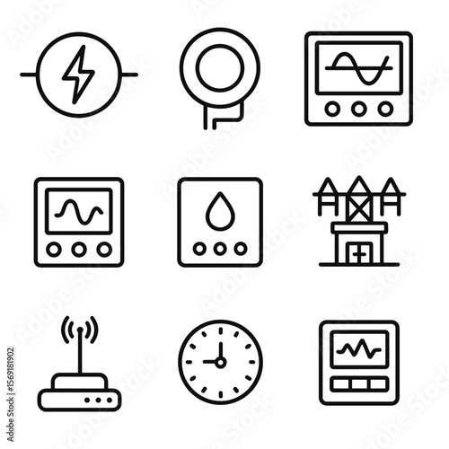 Smart Grid Sensor Icons. Line style icons of Smart Grid Sensors: voltage sensor, current transformer, phasor measurement unit,