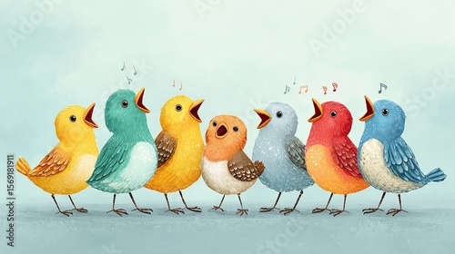 Colorful singing birds standing in a row with musical notes on soft blue background cartoon illustration