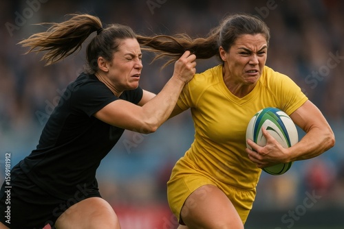 Female rugby player in yellow jersey tackling opponent on field during intense match