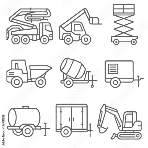 Construction Machinery Icons. Line style icons of Construction Site Ground Support Machinery: concrete pump truck, telehandler,