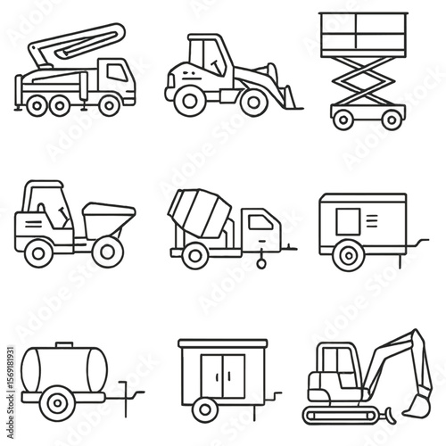 Construction Machinery Icons. Line style icons of Construction Site Ground Support Machinery: concrete pump truck, telehandler,