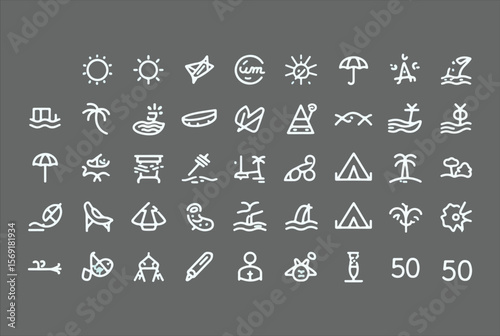 Collection of hand drawn linear icons representing summer vacation beach and travel activities and elements on a grey background