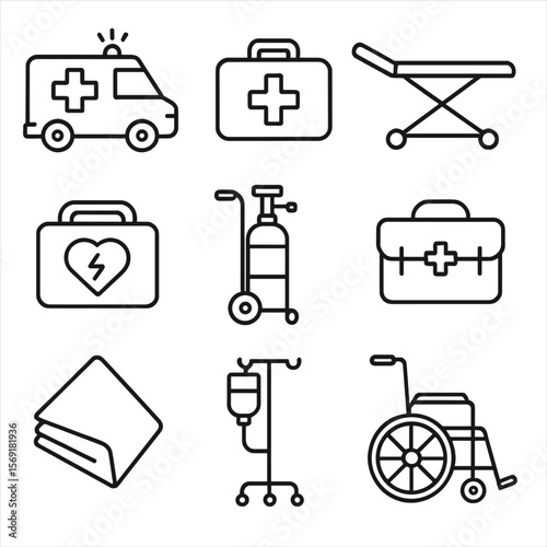 Emergency Vehicle Icons. Line style icons of Emergency Medical Response Vehicles: ambulance unit, first-aid box, stretcher trolley