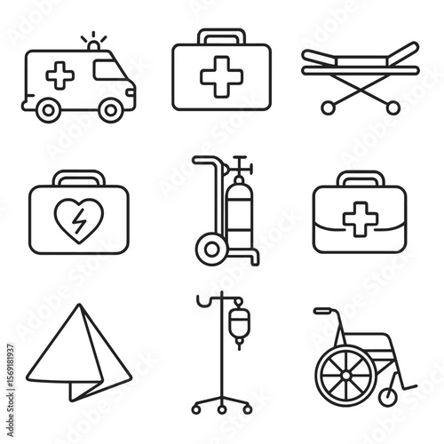 Emergency Vehicle Icons. Line style icons of Emergency Medical Response Vehicles: ambulance unit, first-aid box, stretcher trolley