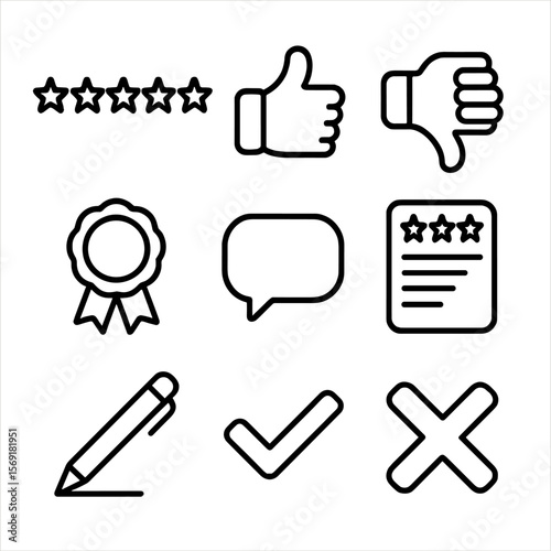 Review Icons Collection. Line style icons of Review Headlines: star rating, thumb up, thumb down, badge ribbon, comment bubble,