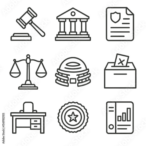 Policy Icon Set. Line style icons of Policy & Governance: gavel judge, government building, policy document, scales of justice,
