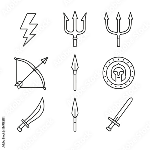 Iconic Mythological Weapons. Line style icons of Legendary Weapons: Zeus thunderbolt, Poseidon trident, Hades bident, Artemis