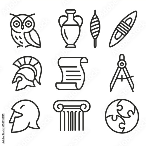 Wisdom and Craft Icons. Line style icons of Wisdom & Crafts: Athena owl, olive oil amphora, spindle drop, loom shuttle, carved