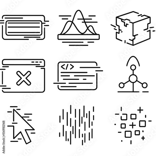 Cyberpunk UI Icons. Line style icons of Cyberpunk Glitch UI Elements: neon scanline, holographic break, data glitch cube, error