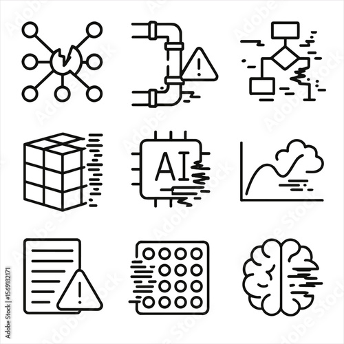 AI Glitch Icons. Line style icons of AI & Machine Learning Glitches: neural network broken node, data pipeline error, algorithm