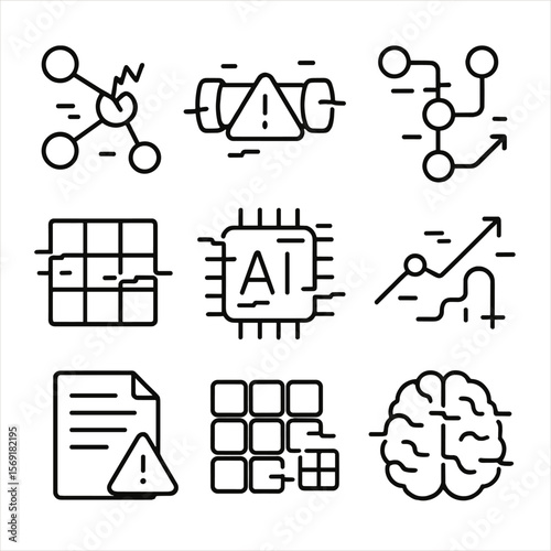 AI Glitch Icons. Line style icons of AI & Machine Learning Glitches: neural network broken node, data pipeline error, algorithm