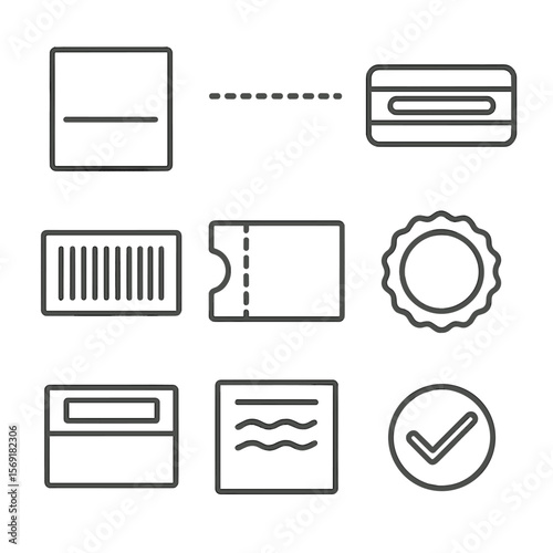 Voucher Gift Card Icons. Line style icons of Voucher-Style Gift Cards: voucher paper, perforation line, serial number strip,