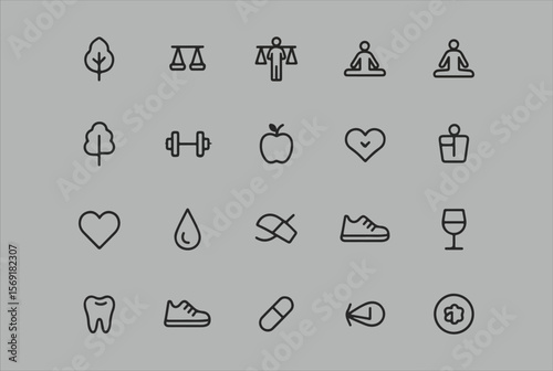 Collection of thin line icons representing health wellness and lifestyle choices on a grey background