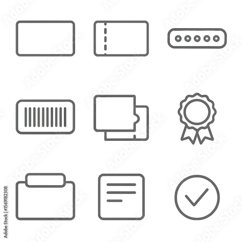 Voucher Gift Card Icons. Line style icons of Voucher-Style Gift Cards: voucher paper, perforation line, serial number strip,