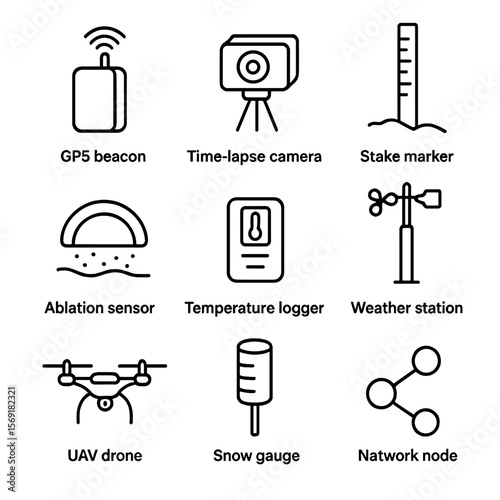 Glacier Monitoring Icons. Line style icons of Glacier Monitoring Devices: GPS beacon, time-lapse camera, stake marker, ablation