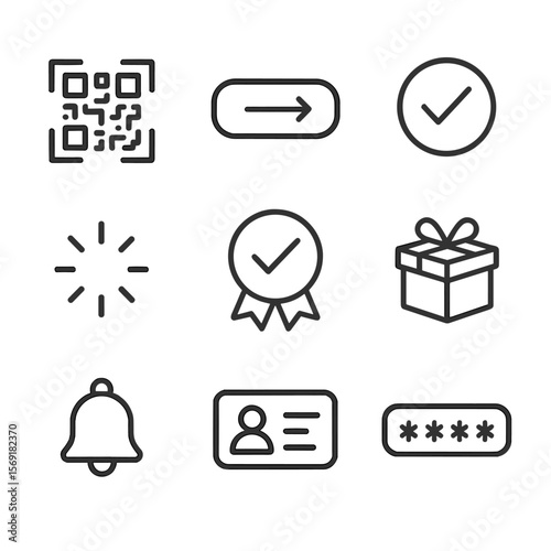 Redemption Flow Icons. Line style icons of Redemption Flow Gift Cards: scan code icon, redeem button, confirmation check, loading