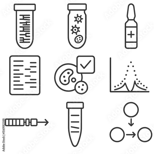 CRISPR Screening Icons. Line style icons of CRISPR Screening Libraries: gRNA library tube, lentiviral pool vial, selection drug