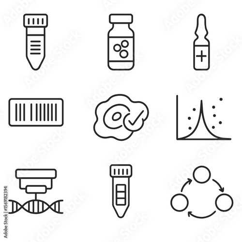 CRISPR Screening Icons. Line style icons of CRISPR Screening Libraries: gRNA library tube, lentiviral pool vial, selection drug