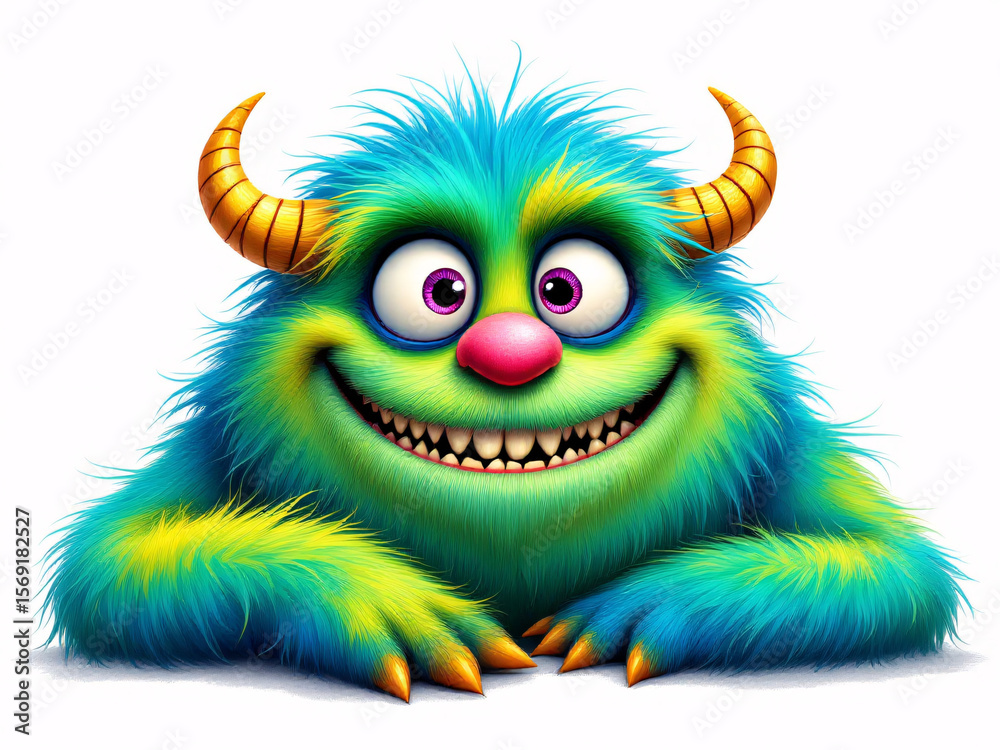 Fototapeta premium A cheerful, orange, furry cartoon monster with horns, smiling and leaning on a surface.
