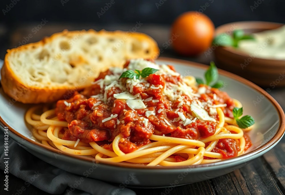 Fototapeta premium Classic spaghetti marinara with cheese and garlic bread, dinner, cheese