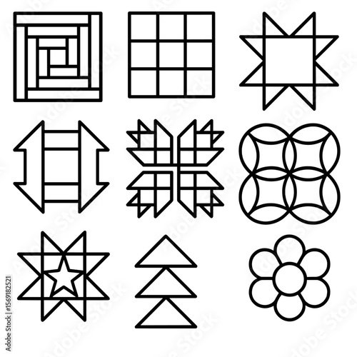Line Style Quilt Icons. Line style icons of Traditional Quilt Patchwork Blocks: log cabin block, nine-patch square, star block,