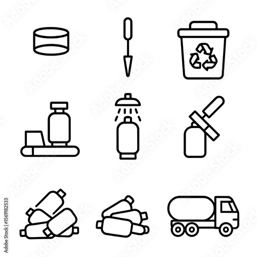 Gas Cylinder Recycling Icons. Line style icons of Gas Cylinder Disposal & Recycling: empty cylinder cap, puncture tool, recycling