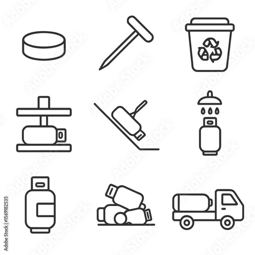 Gas Cylinder Recycling Icons. Line style icons of Gas Cylinder Disposal & Recycling: empty cylinder cap, puncture tool, recycling
