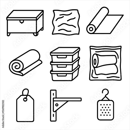 Fabric Storage Icons. Line style icons of Generational Fabric Storage: cedar chest, acid-free tissue, cotton fabric bolt, muslin
