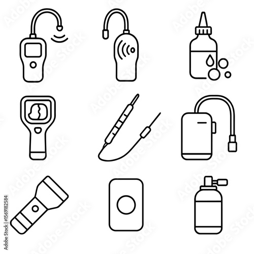 Gas Leak Detection Icons. Line style icons of Gas Cylinder Leak Detection Tools: gas sniffer, ultrasonic detector, bubble test