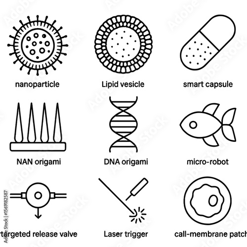 Nanomedicine Delivery Icons. Line style icons of Nanomedicine Delivery: nanoparticle carrier, lipid vesicle, smart capsule,